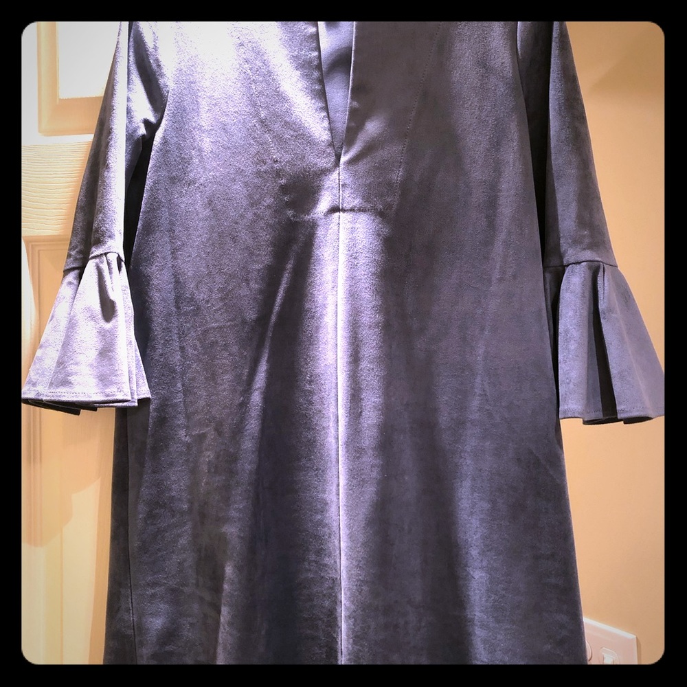 BCBG Maxazria suede blue bell sleeve shift dress